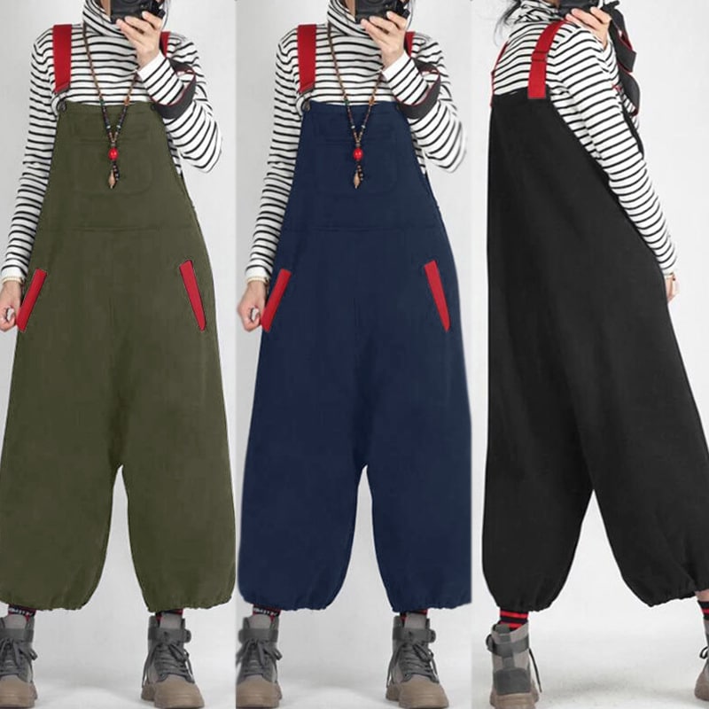 Salopette sarouel bicolore pour femme 1 Photo d'une salopette saroulle en différentes couleurs, verte, bleue marine et oir avec des bretelles et des bords de poches rouges.