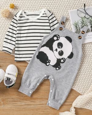 Salopette grise pour bébé garçon à motif panda et son t-shirt rayé