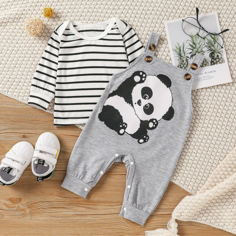 Homepage 14 Salopette grise pour bébé garçon à motif panda et son t-shirt rayé