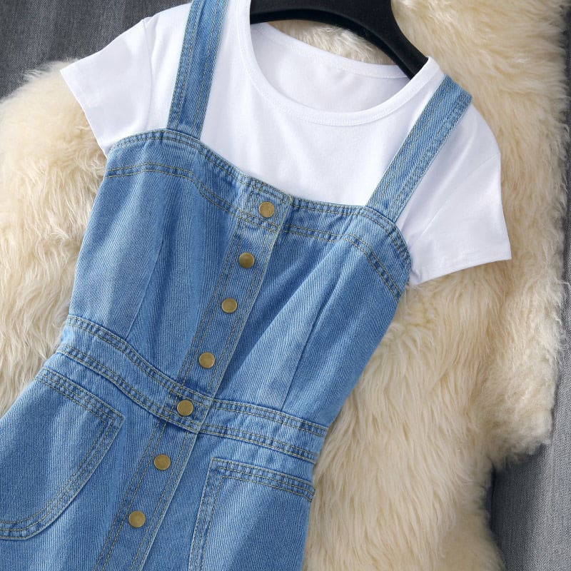 Robe salopette en jean à boutonnière 4 Robe salopette en jean à boutonnière