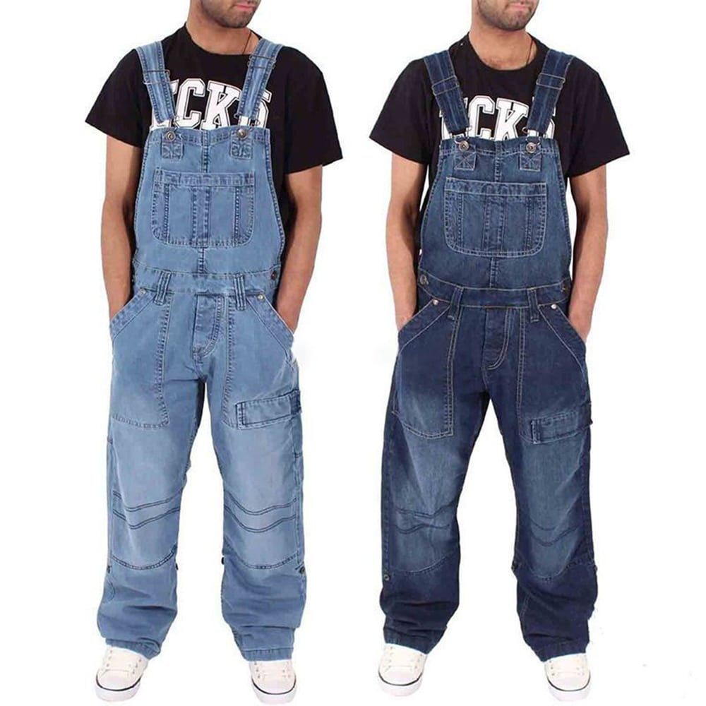 Salopette pantalon en jean baggy pour homme 1 Photo d'un homme portant une salopette en jean large, coupe baggy, une bleu clair l'autre en dneim brut.