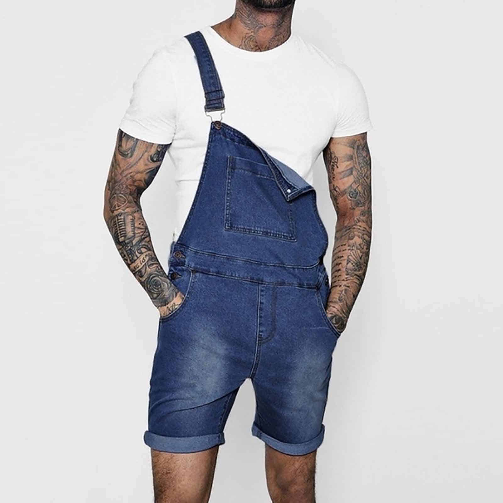 Salopette short baggy en Denim pour homme - Bleu marine, S