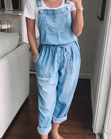 Salopette pantalon en jean et ceinture en ficelle pour femme