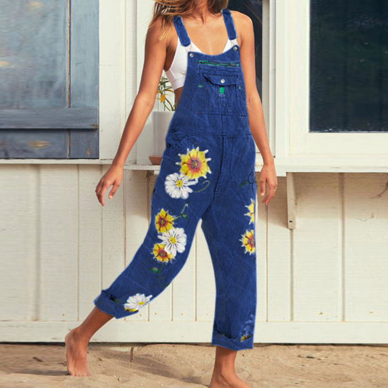 Salopette en jean denim à fleurs pour femme 1 Salopette pantalon pour femme en jean à fleurs sur les jambes