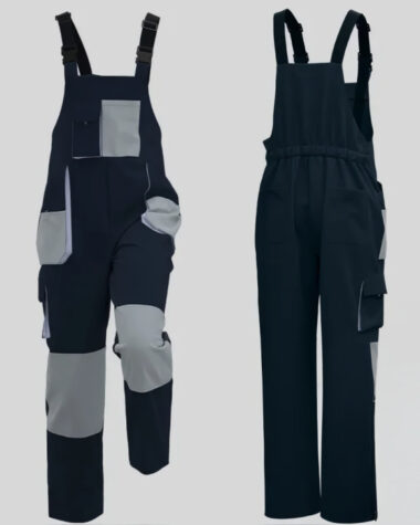 Salopette travail unisexe en coton et fibre de polyester noire et grise sur fond gris.