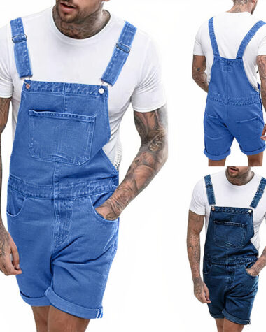 Salopette courte en jean pour homme., robuste et ajustée avec poche centrale t latérales.