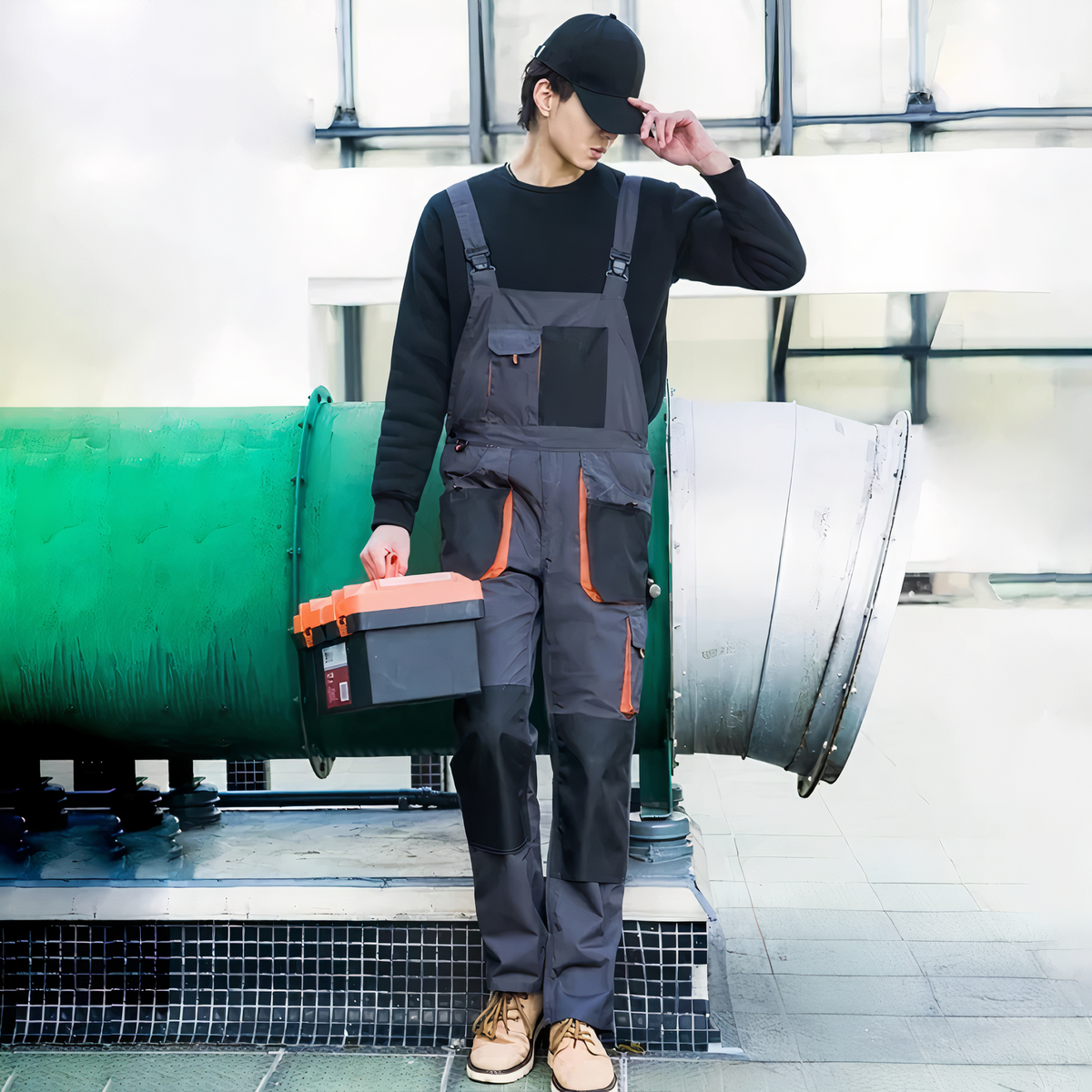 Salopette de travail ultra-résistante 1 Salopette de travail ultra-résistante pour homme avec de multiples poches et coutures renforcées