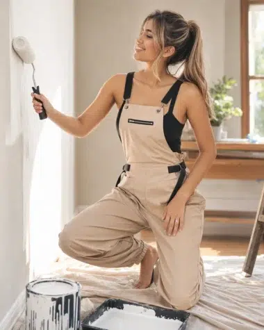 Salopette de travail beige pour femme portée sur chantier, bretelles noires réglables